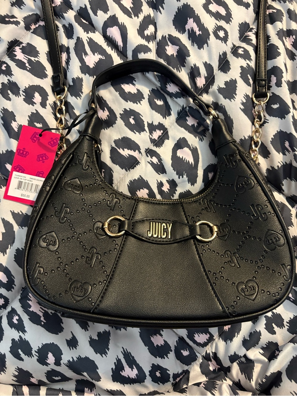Juicy Couture Black Embossed Leather Shoulder Bag with Gold Hardware
